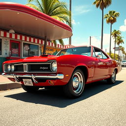An artistic fusion of a red Barracuda Dodge Charger and a classic Opala, showcasing a seamless integration of both cars' iconic features