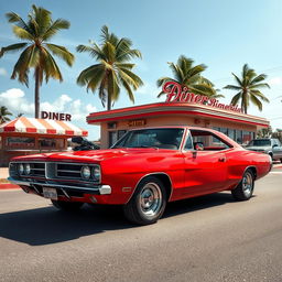 An artistic fusion of a red Barracuda Dodge Charger and a classic Opala, showcasing a seamless integration of both cars' iconic features