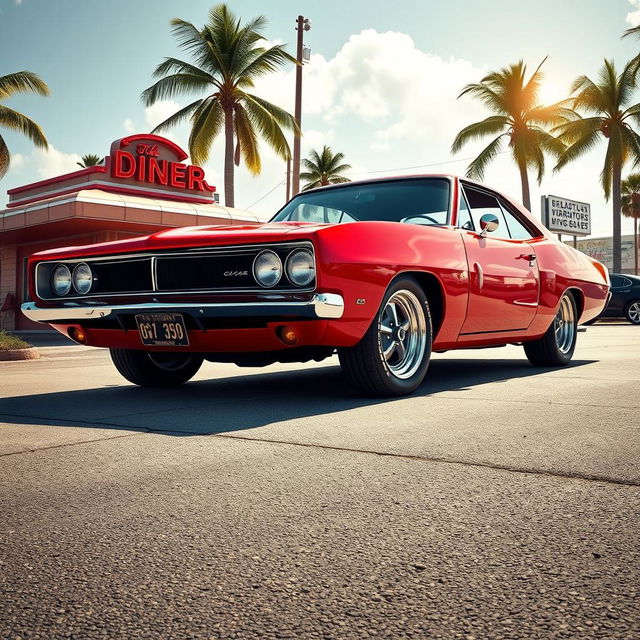 An artistic fusion of a red Barracuda Dodge Charger and a classic Opala, showcasing a seamless integration of both cars' iconic features