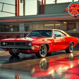 A striking combination of a red Dodge Charger and an Opala, showcasing the muscle of the Charger with the vintage elegance of the Opala