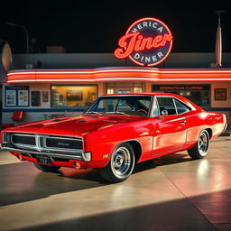 A striking combination of a red Dodge Charger and an Opala, showcasing the muscle of the Charger with the vintage elegance of the Opala