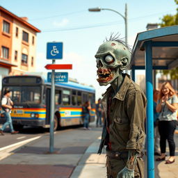A humorous scene depicting a zombie waiting at a bus stop, showcasing its rotting features and tattered clothing