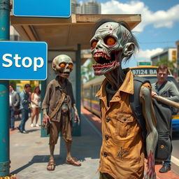 A humorous scene depicting a zombie waiting at a bus stop, showcasing its rotting features and tattered clothing