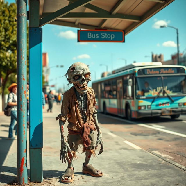 A humorous scene depicting a zombie waiting at a bus stop, showcasing its rotting features and tattered clothing