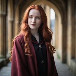 A enchanting image of a 28-year-old, petite lady with vampire-like pale skin and long, crimson red hair. She's attired in iconic Hogwarts robes from Harry Potter, evoking an atmosphere of magical allure and sagacity.