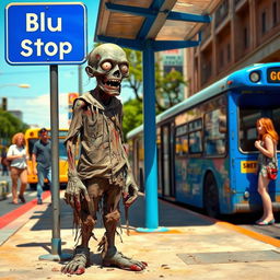 A humorous scene depicting a zombie waiting at a bus stop, showcasing its rotting features and tattered clothing