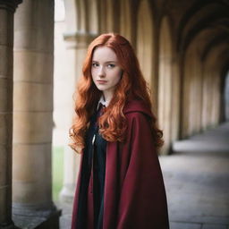 A enchanting image of a 28-year-old, petite lady with vampire-like pale skin and long, crimson red hair. She's attired in iconic Hogwarts robes from Harry Potter, evoking an atmosphere of magical allure and sagacity.