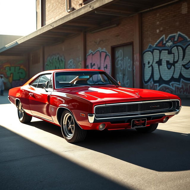 An eye-catching design that merges a Dodge Charger in striking Barracuda red with the classic Opala, highlighting the muscular stance of the Charger intertwined with the sleek, vintage lines of the Opala