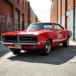 An eye-catching design that merges a Dodge Charger in striking Barracuda red with the classic Opala, highlighting the muscular stance of the Charger intertwined with the sleek, vintage lines of the Opala