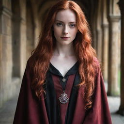 A enchanting image of a 28-year-old, petite lady with vampire-like pale skin and long, crimson red hair. She's attired in iconic Hogwarts robes from Harry Potter, evoking an atmosphere of magical allure and sagacity.