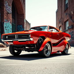 An eye-catching design that merges a Dodge Charger in striking Barracuda red with the classic Opala, highlighting the muscular stance of the Charger intertwined with the sleek, vintage lines of the Opala