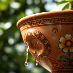 A close-up of a ceramic pot with a leak at the bottom, showcasing water droplets dripping down from the leakage