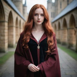 A enchanting image of a 28-year-old, petite lady with vampire-like pale skin and long, crimson red hair. She's attired in iconic Hogwarts robes from Harry Potter, evoking an atmosphere of magical allure and sagacity.