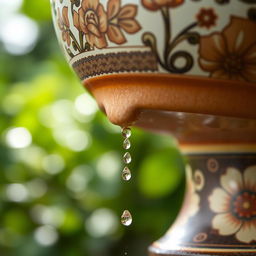 A close-up of a ceramic pot with a leak at the bottom, showcasing water droplets dripping down from the leakage