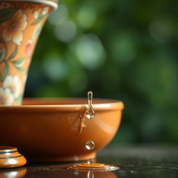 A close-up of a ceramic pot with a leak at the bottom, showcasing water droplets dripping down from the leakage