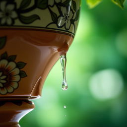 A close-up of a ceramic pot with a leak at the bottom, showcasing water droplets dripping down from the leakage