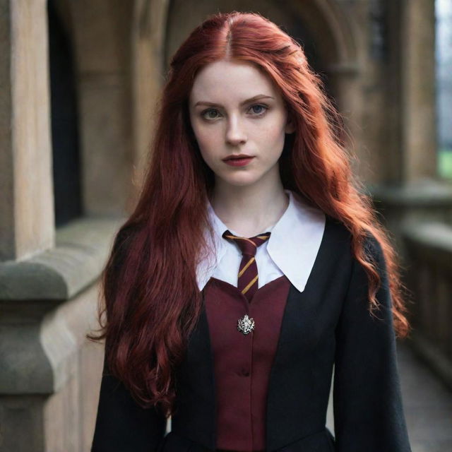 An enticing image of a 28-year-old short lady with vampire-like pale skin and long, crimson bloodred hair. She’s attired in the traditional Hogwarts uniform from Harry Potter, emanating a sense of enchanting mystique.