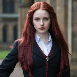 An enticing image of a 28-year-old short lady with vampire-like pale skin and long, crimson bloodred hair. She’s attired in the traditional Hogwarts uniform from Harry Potter, emanating a sense of enchanting mystique.