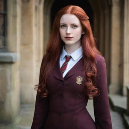 An enticing image of a 28-year-old short lady with vampire-like pale skin and long, crimson bloodred hair. She’s attired in the traditional Hogwarts uniform from Harry Potter, emanating a sense of enchanting mystique.