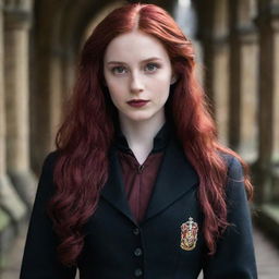 An enticing image of a 28-year-old short lady with vampire-like pale skin and long, crimson bloodred hair. She’s attired in the traditional Hogwarts uniform from Harry Potter, emanating a sense of enchanting mystique.