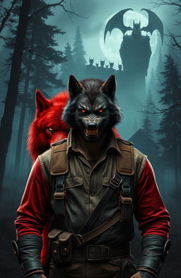 A misty forest shrouded in twilight, with towering trees and looming shadows hinting at hidden creatures