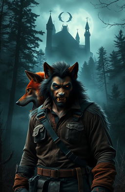 A misty forest shrouded in twilight, with towering trees and looming shadows hinting at hidden creatures