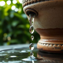 A close-up view of a rustic ceramic pot with a leak at the bottom, where clear water droplets are visibly dripping down