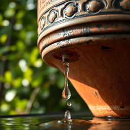 A close-up view of a rustic ceramic pot with a leak at the bottom, where clear water droplets are visibly dripping down