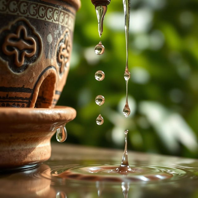 A close-up view of a rustic ceramic pot with a leak at the bottom, where clear water droplets are visibly dripping down