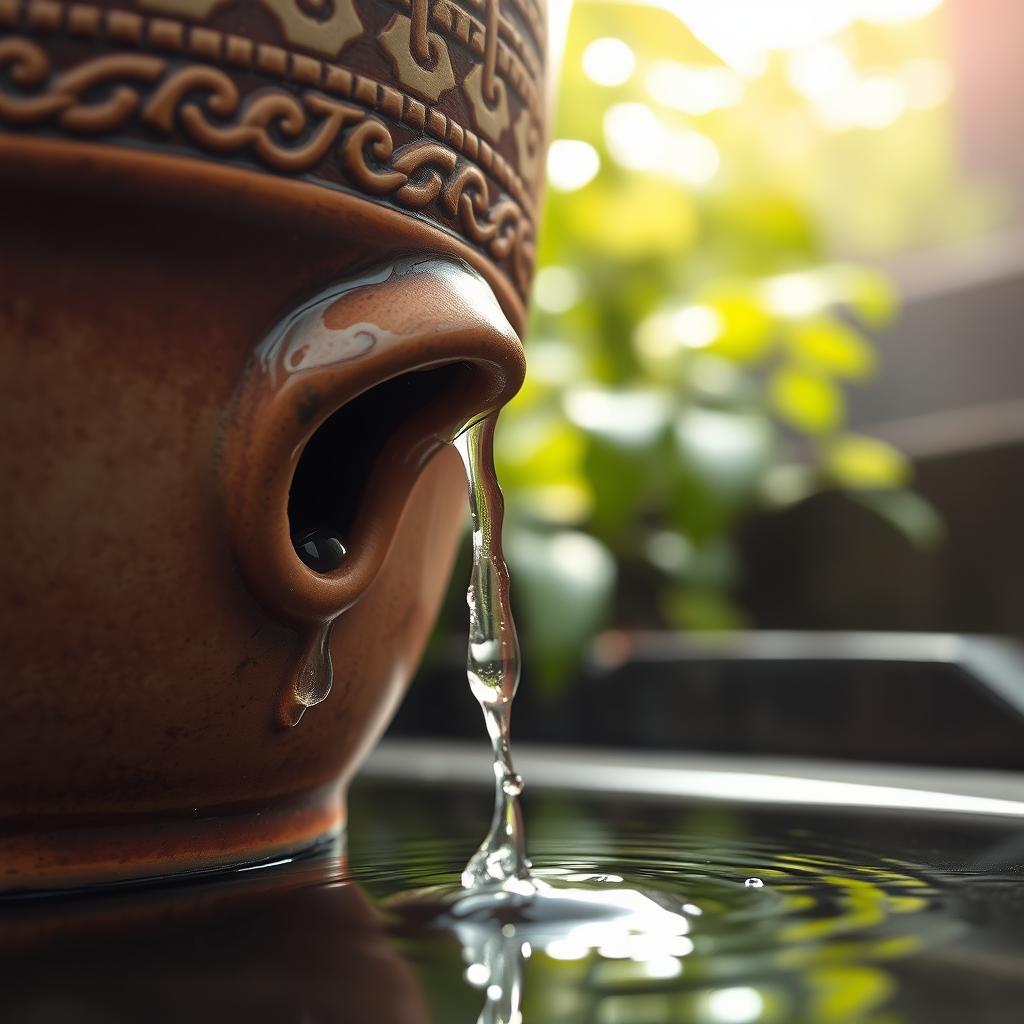 A close-up view of a rustic ceramic pot with a leak at the bottom, where clear water droplets are visibly dripping down