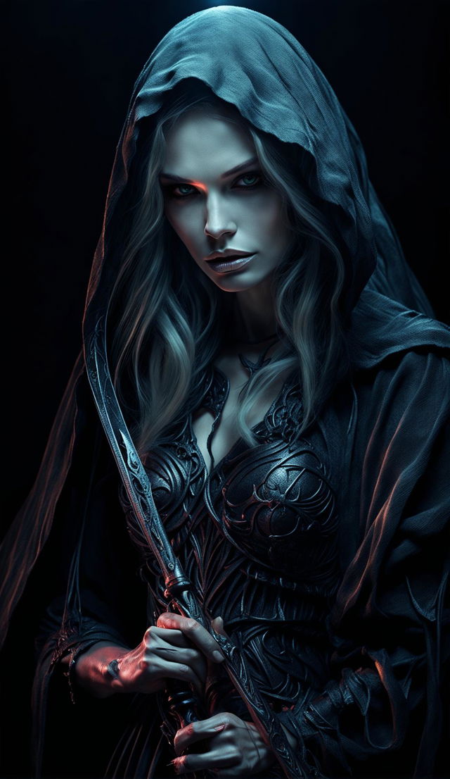 3D gothic realism portrait of a beautiful woman as the Grimm Reaper with detailed pale green eyes, Cupid’s bow lips, small nose, high cheekbones, long wavy hair, traditional cape and scythe, under a magical spotlight and blacklight. Rendered in 36k HD professional photography with cinematic horror lighting.