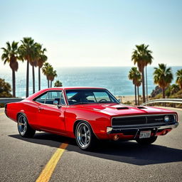 A captivating blend of a Dodge Charger in Barracuda red and a classic Opala, creatively merging the sleek, muscular design of the Charger with the vintage charm of the Opala