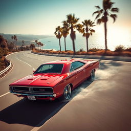 A captivating blend of a Dodge Charger in Barracuda red and a classic Opala, creatively merging the sleek, muscular design of the Charger with the vintage charm of the Opala