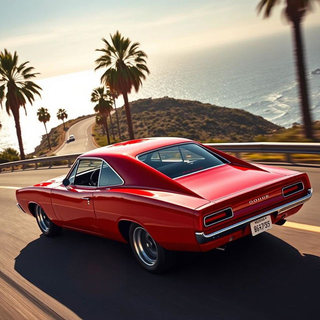 A captivating blend of a Dodge Charger in Barracuda red and a classic Opala, creatively merging the sleek, muscular design of the Charger with the vintage charm of the Opala