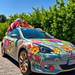 A beautifully decorated car, showcasing vibrant and artistic designs