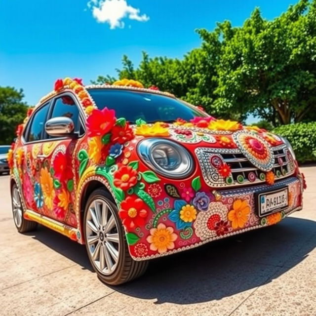 A beautifully decorated car, showcasing vibrant and artistic designs