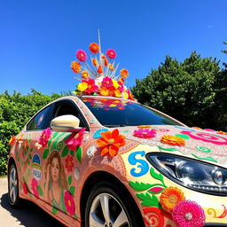 A beautifully decorated car, showcasing vibrant and artistic designs