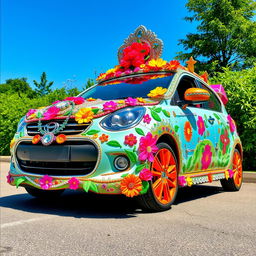 A beautifully decorated car, showcasing vibrant and artistic designs