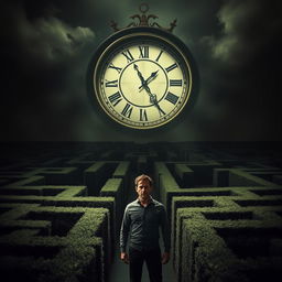 A man standing in front of a complex, intricate maze that stretches out in various directions, under an enormous, surreal clock dominating the sky instead of the sun, casting long shadows over the maze