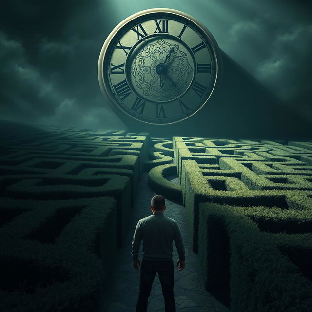 A man standing in front of a complex, intricate maze that stretches out in various directions, under an enormous, surreal clock dominating the sky instead of the sun, casting long shadows over the maze