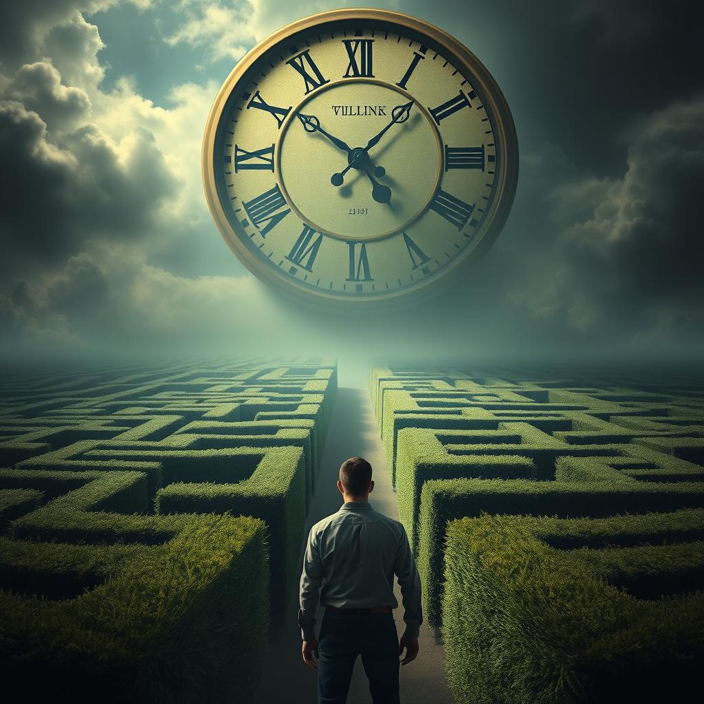 A man standing in front of a complex, intricate maze that stretches out in various directions, under an enormous, surreal clock dominating the sky instead of the sun, casting long shadows over the maze