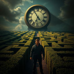 A man standing in front of a complex, intricate maze that stretches out in various directions, under an enormous, surreal clock dominating the sky instead of the sun, casting long shadows over the maze