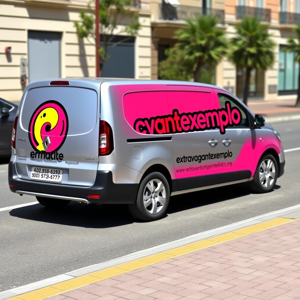 A stylish Renault Megane van decorated with a vivid and eye-catching logo of 'extravagantexemplo'