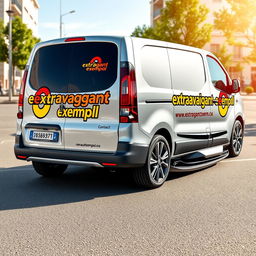 A stylish Renault Megane van decorated with a vivid and eye-catching logo of 'extravagantexemplo'