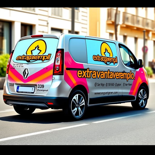 A stylish Renault Megane van decorated with a vivid and eye-catching logo of 'extravagantexemplo'