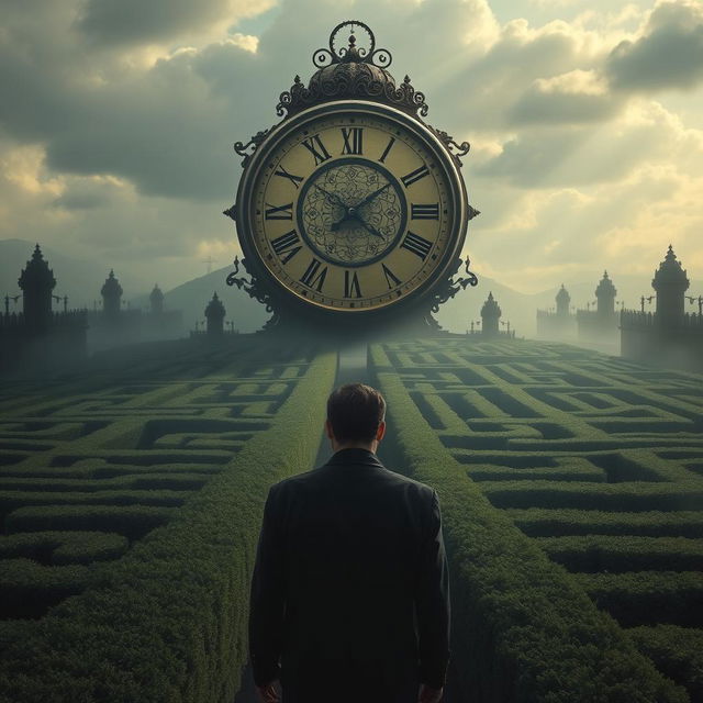 A man standing in front of a vast and intricate maze that stretches out into the distance, under a massive, ornate clock that takes the place of the sun in the sky, casting intricate shadows over the maze