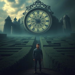 A man standing in front of a vast and intricate maze that stretches out into the distance, under a massive, ornate clock that takes the place of the sun in the sky, casting intricate shadows over the maze