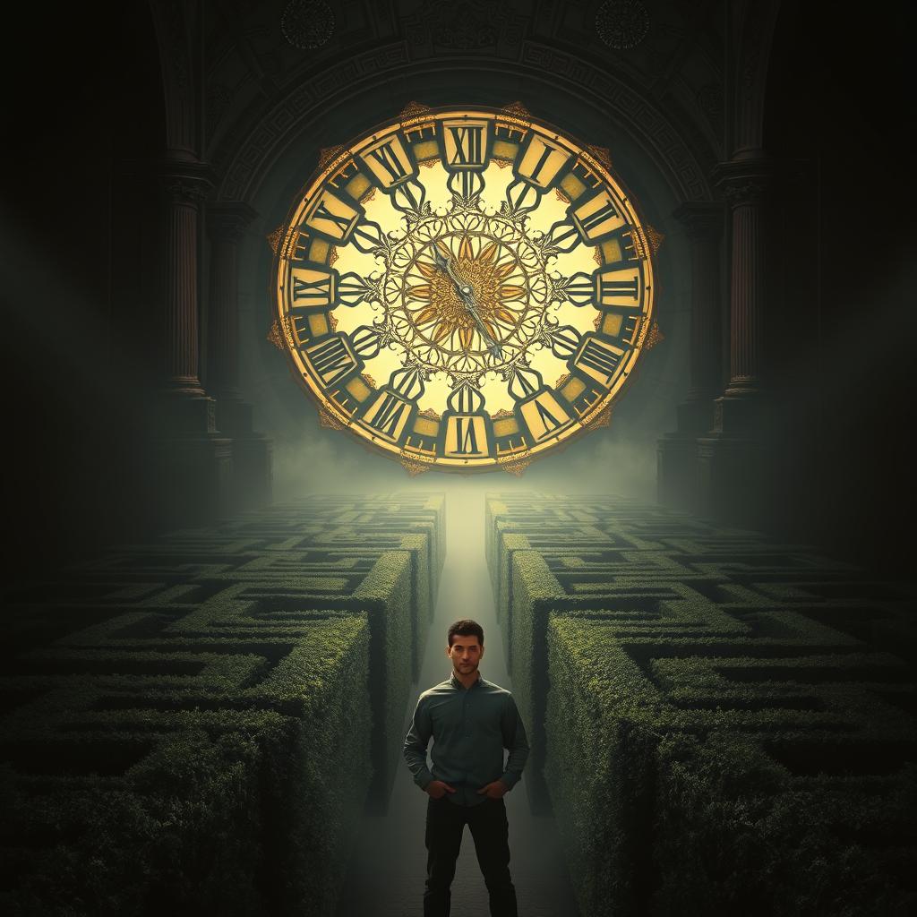 A man standing in front of a vast and intricate maze that stretches out into the distance, under a massive, ornate clock that takes the place of the sun in the sky, casting intricate shadows over the maze