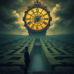 A man standing in front of a vast and intricate maze that stretches out into the distance, under a massive, ornate clock that takes the place of the sun in the sky, casting intricate shadows over the maze