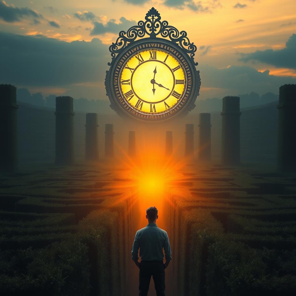 A man standing in front of a sprawling and intricate maze, with a magnificent, large clock replacing the sun in the sky, just above the horizon